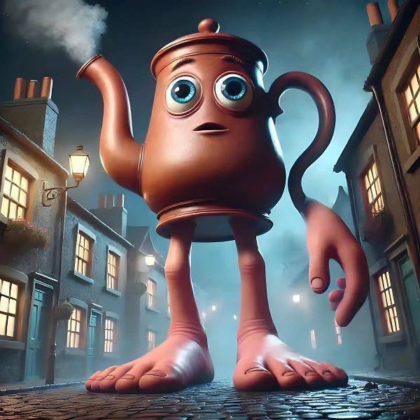 Ta Ta Ta Sahur Teapot Character on a foggy night street